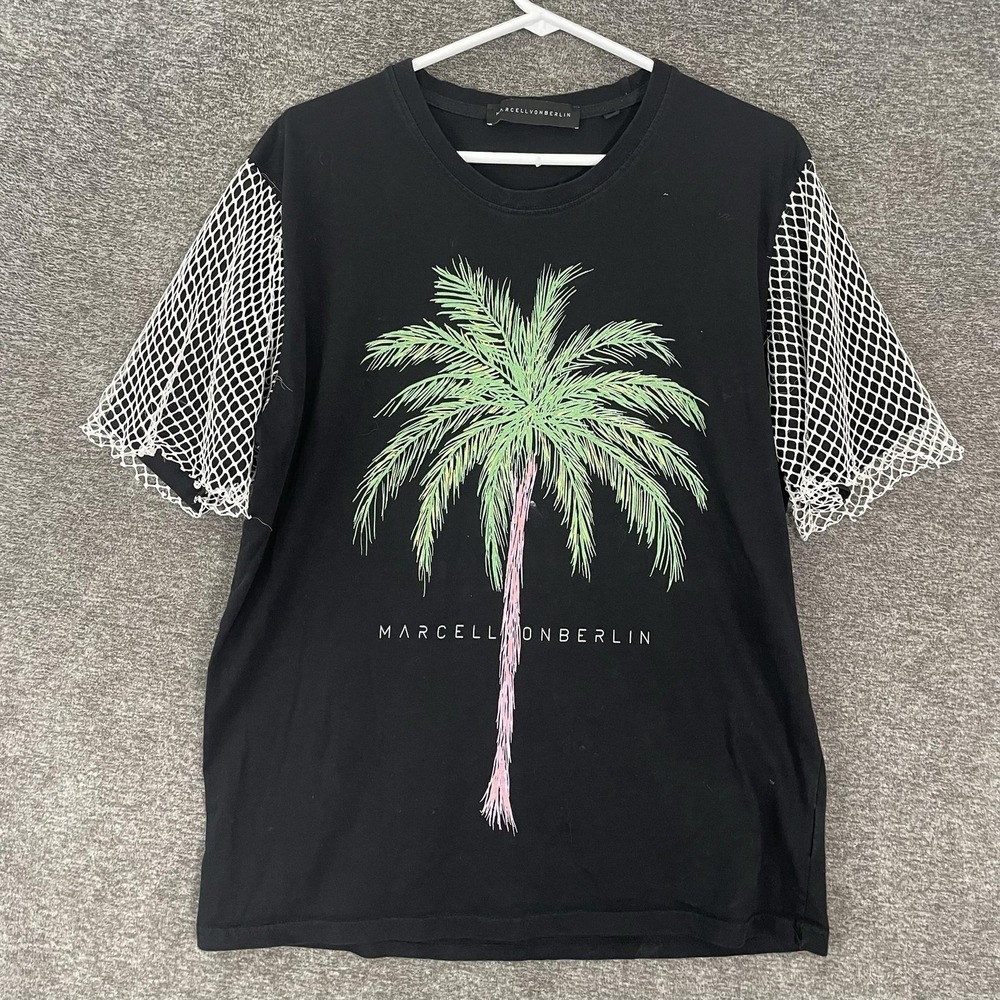Marcell Von Berlin Shirt Mens XL Black Palm Tree Mesh Sleeve Graphic T-Shirt Tee
